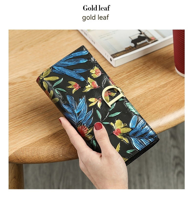 Cartera de cuero genuino para mujer, cartera de mano larga Retro con personalidad 3d Eming para mujer, monederos_voghion.com