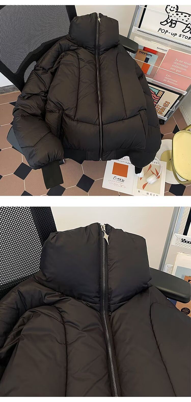 Kurzjacke für Herren, warm, Winter, hoher Kragen, Steppmantel, lockere Passform, modische Freizeitoberbekleidung, Schwarz_voghion.com