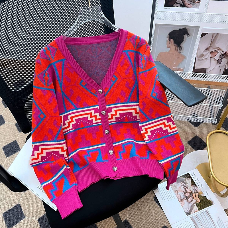 Abbigliamento da donna Colorblock Scollo a V Maniche lunghe Cardigan lavorato a maglia Giacca maglione largo da donna Capispalla_voghion.com
