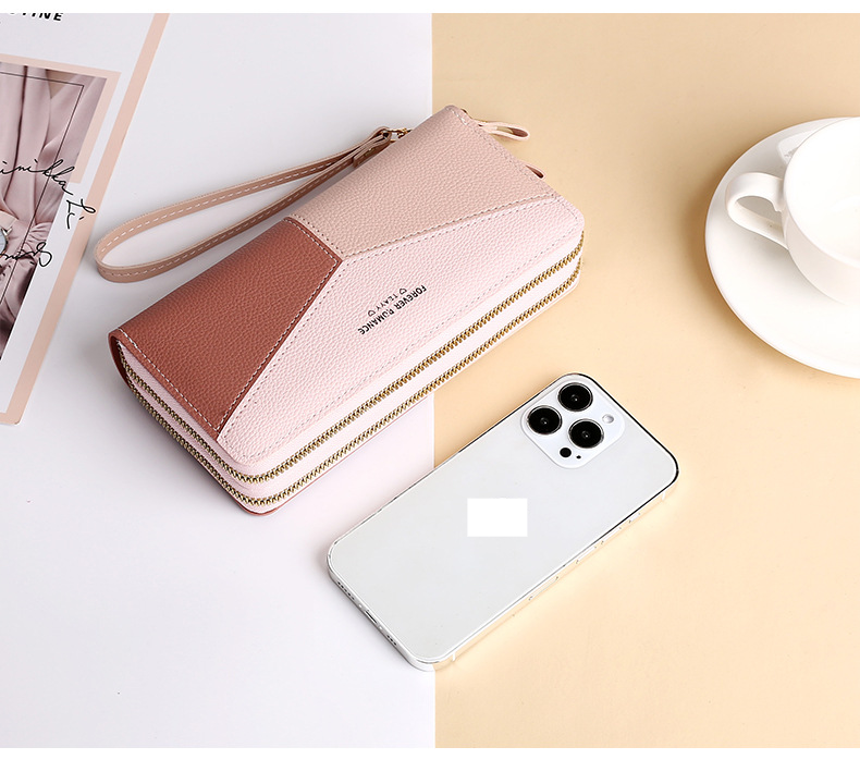 Monedero Cartera Bolso de Mano Monedero Bolso de Mano Largo para Mujer Bolso de Mano con Contraste de Color de Empalme Gran Capacidad Doble Cremallera Clip para Dinero Monedero para Mujer_voghion.com