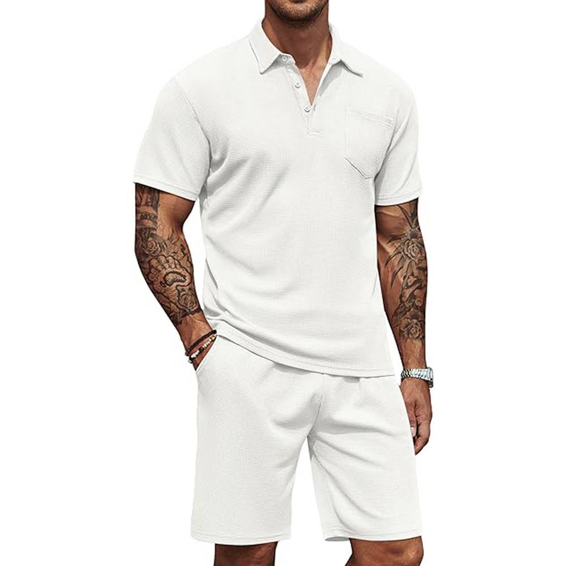 Completo estivo da uomo con polo e pantaloncini in maglia a nido d'ape, 2 pezzi, felpa casual con tasca_voghion.com