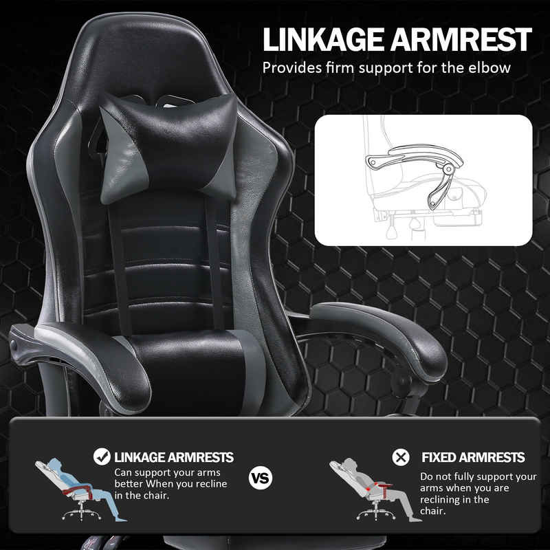 Ergonomischer Gaming-Stuhl mit Fußstütze, PU-Leder, Grau, groß und hoch, 360° drehbar, verstellbare Neigung (90–155°), für Erwachsene, Verwendung im Büro/am Schreibtisch_voghion.com