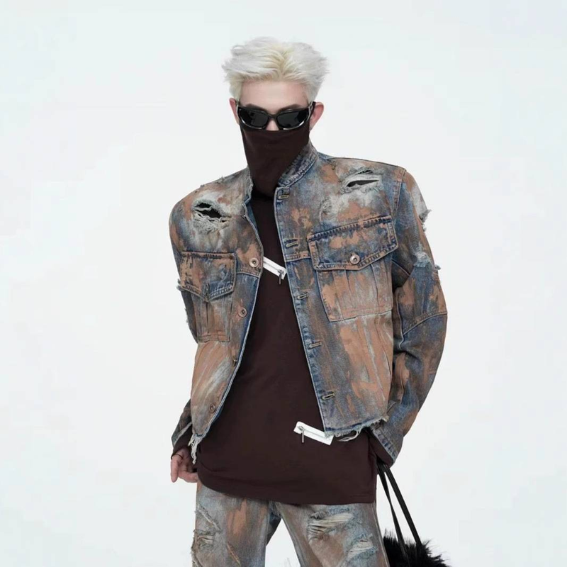 Ensemble veste et jean en denim vieilli teinté boue – Ourlet brut, style streetwear grunge, coupe oversize, tenue vintage unisexe (bleu, collection automne)_voghion.com