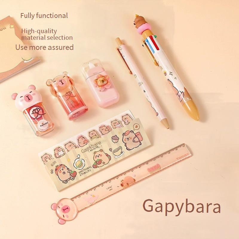Cute Capybara Stationery Set - 12-Piece Transparent Pencil Case With Stickers & Correction Tape, Fun School Supplies For Students_voghion.com