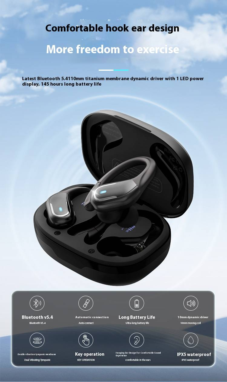Draadloze Bluetooth-oordopjes met oorhaak, ruisonderdrukking, IPX5-waterdicht, 8 uur speeltijd, lage latentie voor gamen/sporten, NFC en spraakbesturing_voghion.com