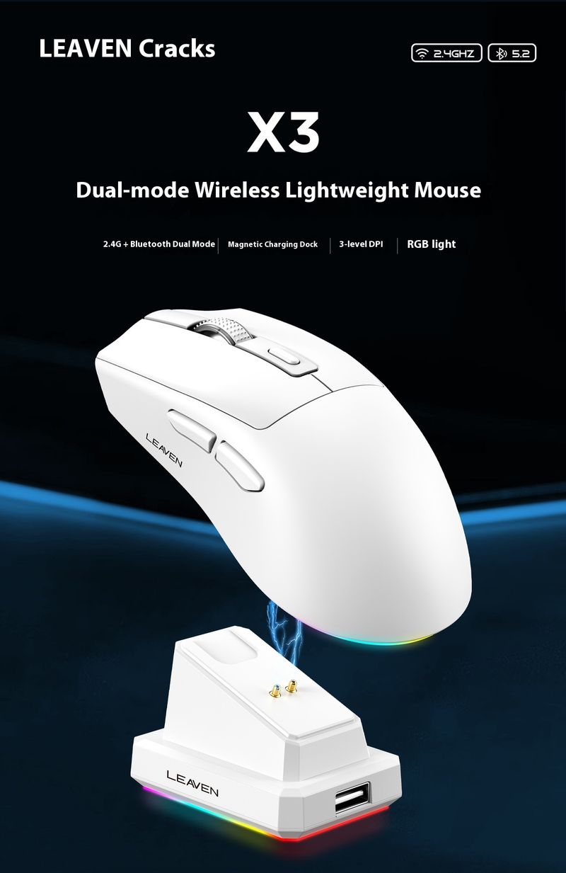 Mouse da gioco wireless con dock di ricarica RGB - Bluetooth e doppia modalità 2.4G, 2000 DPI, 6 velocità regolabili, rotella di scorrimento a 4 vie, design ergonomico_voghion.com