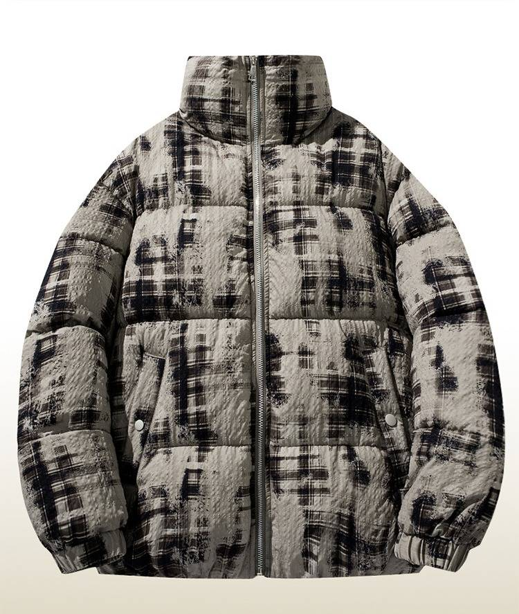 Unisex Tie-Dye Print Winter Jacket – Oversized Fleece-Lined Coat With Stand Collar (Black/Champagne Beige, M-3XL)_voghion.com