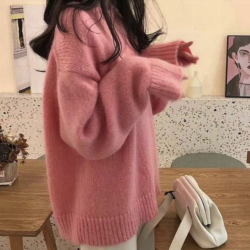 Soft Cream Yellow Knit Sweater Women's Oversized Loose Fit Round Neck Casual Elegant Winter Fall Top_voghion.com