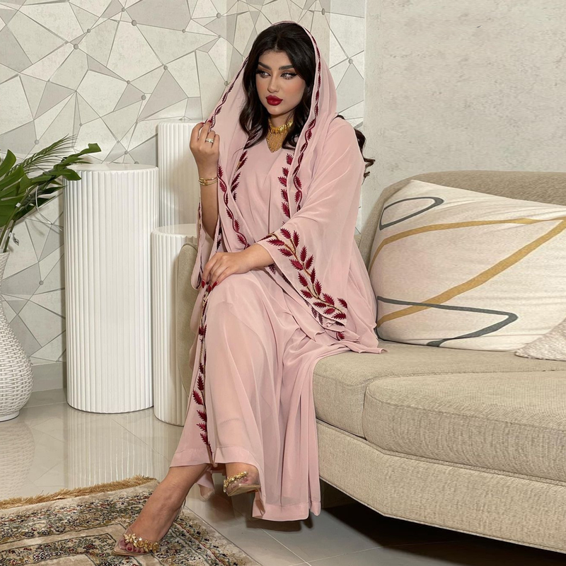 Damenmode Street Chiffon langes muslimisches besticktes rosafarbenes Rundhalskleid mit Hijab_voghion.com
