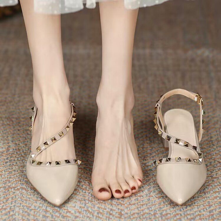 Women's 2025 Summer New Rivet High End Niche French Pointed Toe Thick Heel High Heels_voghion.com