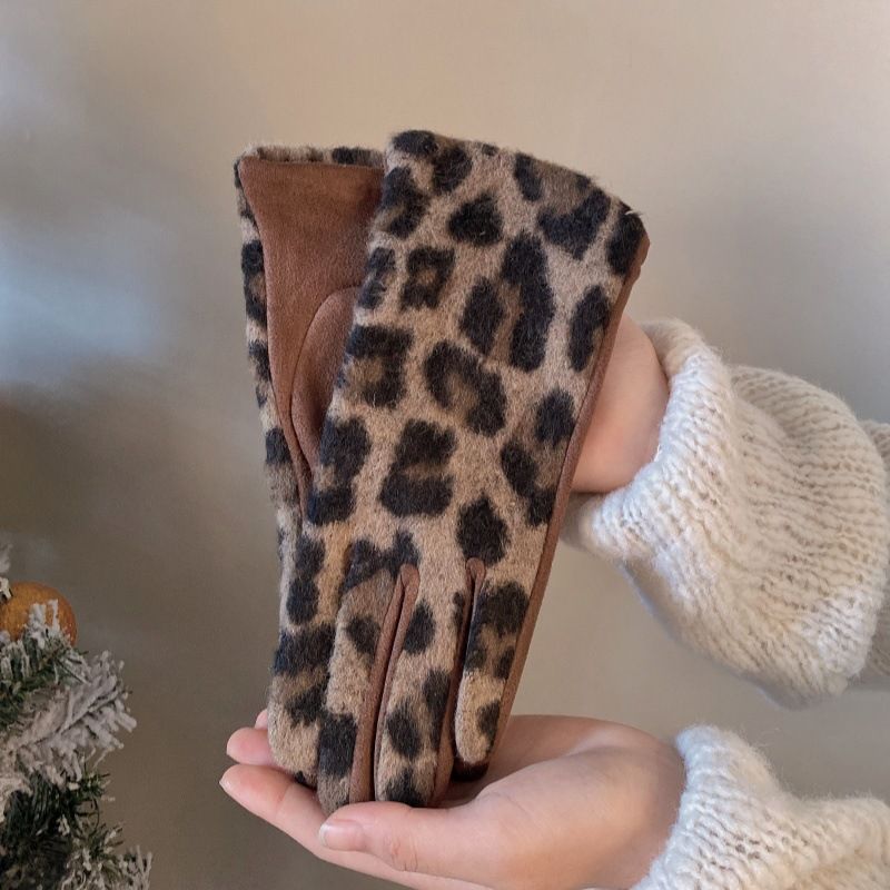 Leopard Print Cashmere Touchscreen For Women, Warmth, Cold Protection, Winter Riding Electric Bikes, Driving,_voghion.com