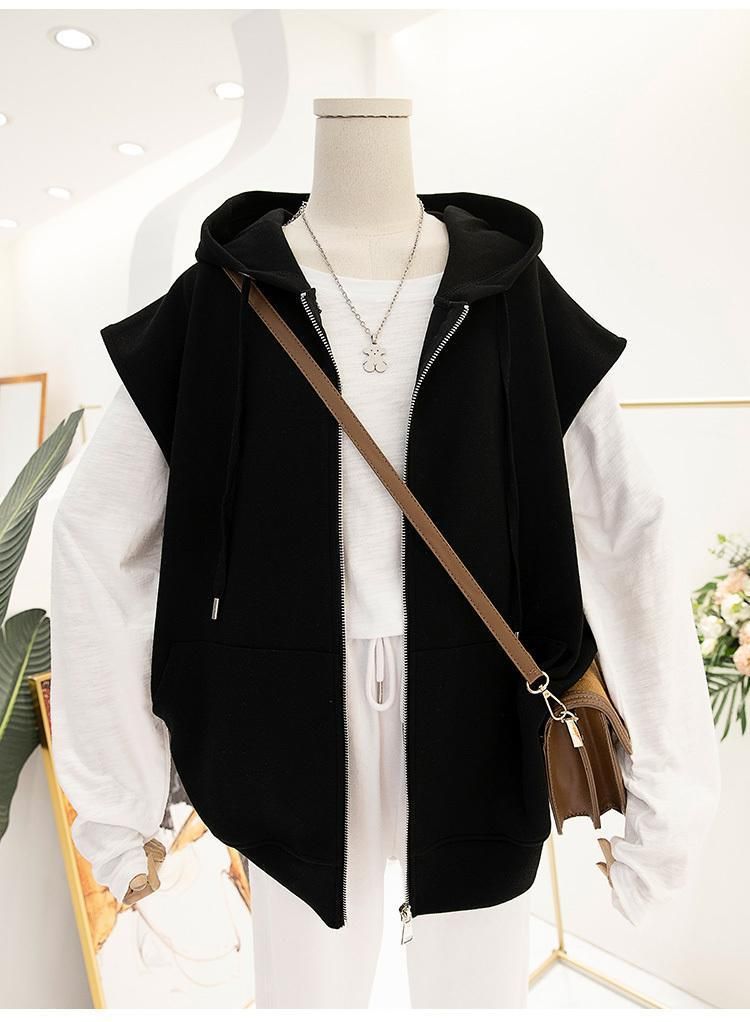 Vêtements pour femmes printemps et automne mince cardigan à capuche gilet veste conception féminine graisse MM 20 300 livres gilet ample sans manches haut_voghion.com