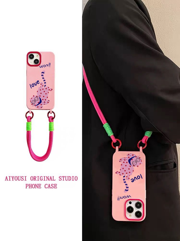 Trendy Pink Spotted Cat Suitable For Iphone 13 Phone Case IPhone 14 Promax New 11 Creative Hanging Strap 12_voghion.com