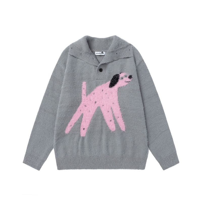 Suéter de gola alta estilo americano divertido com estampa de cachorrinho, masculino e feminino, estilo solto, casual e preguiçoso, tricô com gola alta e blocos de cores_voghion.com