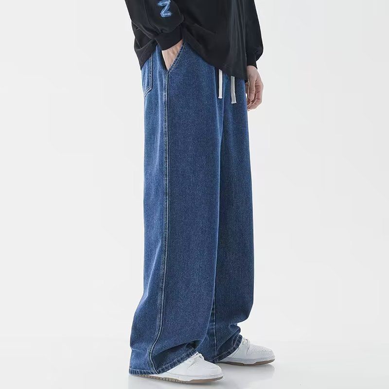 Blugi bărbătești cu cordon, de culoare deschisă, cu talie elastică, lejeri, drepți, până la podea, pantaloni largi, casual, lungi_voghion.com