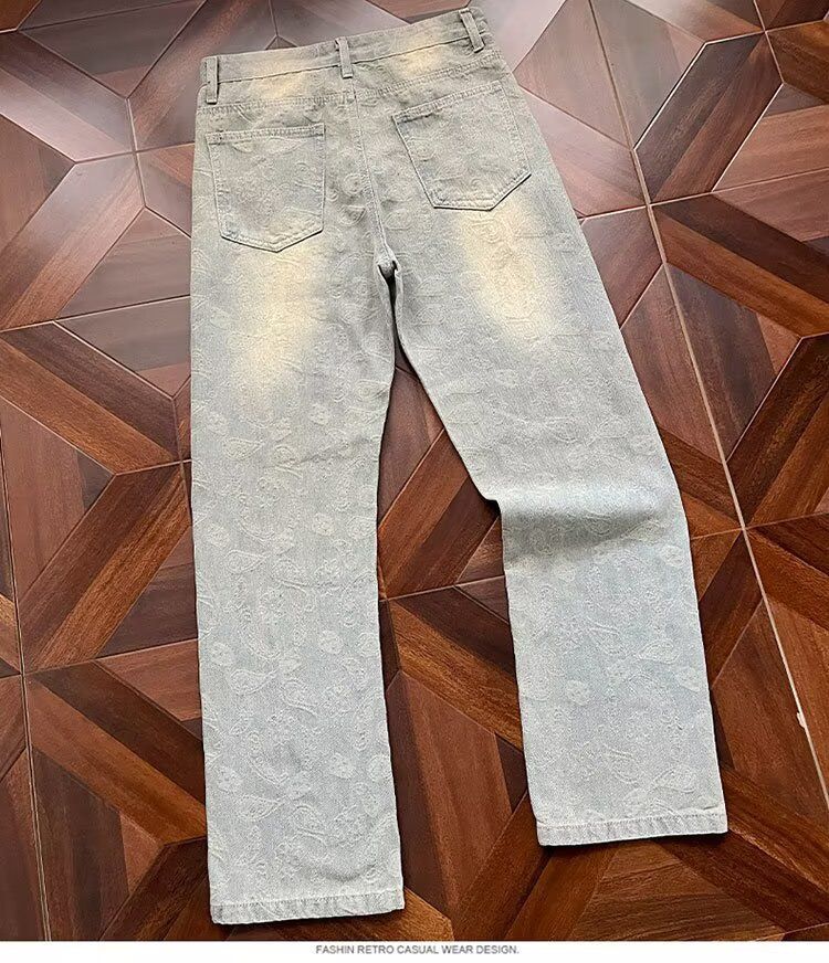 Jean décontracté patchwork effet usé pour homme, imprimé cachemire, coupe droite, coupe impeccable, pour le printemps et l'automne._voghion.com