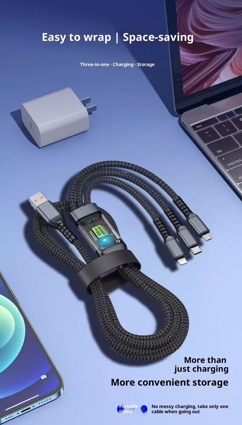 Digitex Transparent Display Smart Chip 100W 3-in-1 Super Fast Charging 6A Data Cable Thickened One-to-Three Braided Wholesale_voghion.com