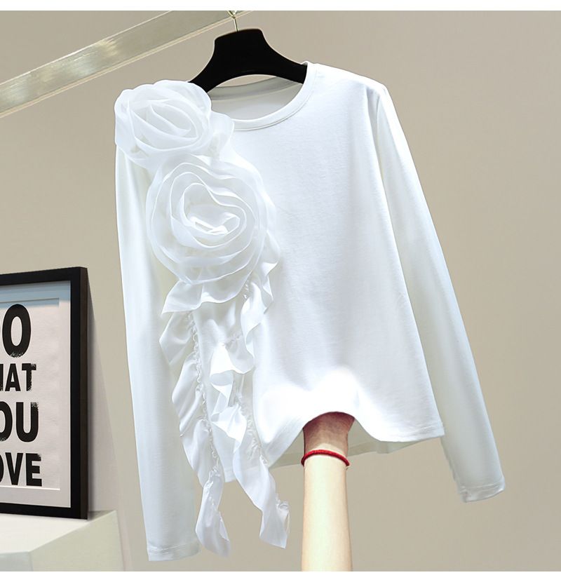 Abbigliamento da donna, maglietta a maniche lunghe con fiori tridimensionali, tinta unita, casual, da abbinare a qualsiasi capospalla, con fondo aderente_voghion.com