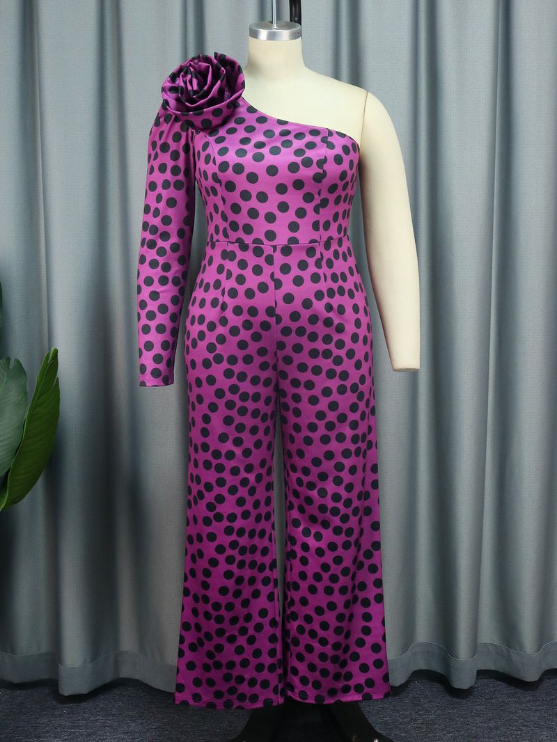 Polka Dot One Shoulder Slant Collar Jumpsuit Plus Size Three-Dimensional Flower Women's Jumpsuits_voghion.com