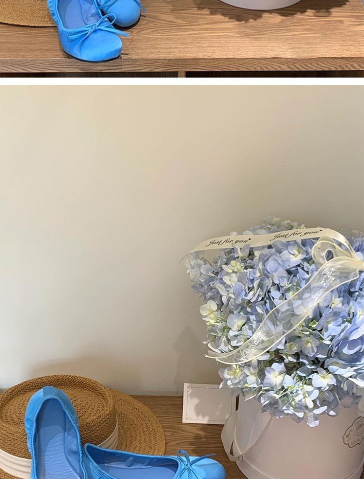 Ballerines bleues simples pour femmes, chaussures plates à tête ronde en soie avec nœud français, pour enfants, été 2025_voghion.com