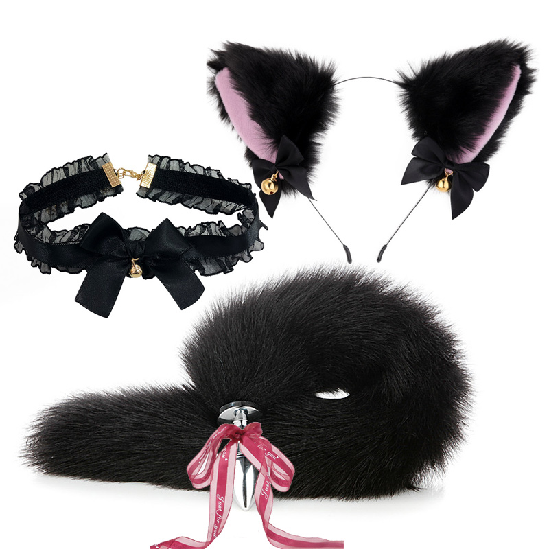 Simpatici 3 colori coda di volpe plug anale orecchie di gatto fasce per capelli set giochi per adulti capezzoli clip collo colla_voghion.com