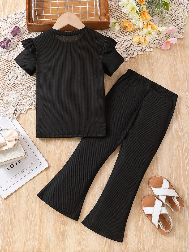 Mutter & Kinder Mädchen mode liebe gedruckt kurzarm hosen zwei-stück sommer rundhals spitze ärmel top anzug_voghion.com