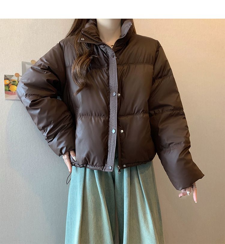 Dameskleding Koreaanse versie korte opstaande kraag kleine winterjassen katoenen jas voor dames eenvoudige losse versie rits pufferjack effen kleur_voghion.com