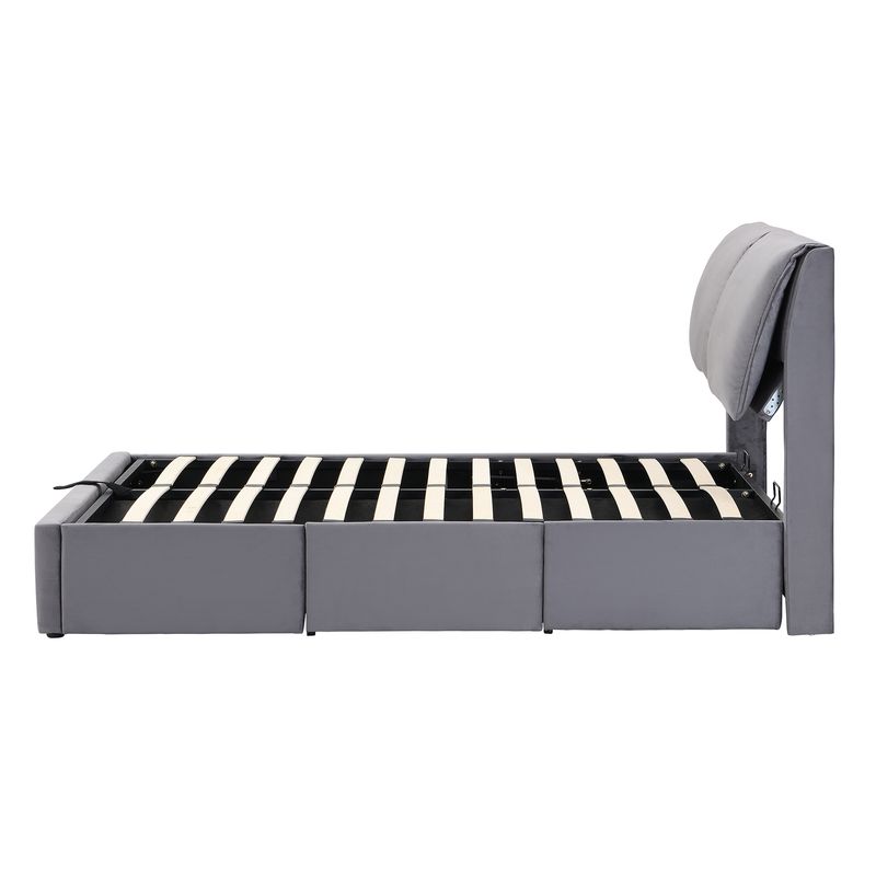 Cadre de lit coffre hydraulique rembourré en velours avec 3 tiroirs, sommier à lattes, tête de lit, 140 x 200 cm, gris, matelas non inclus_voghion.com