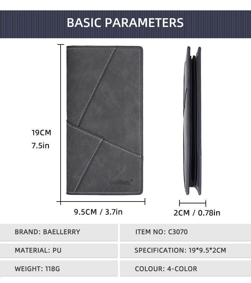 BAELLERRY New Men's Long Wallet With 17 Card Slots, Tri-Fold Design, Minimalist Business Style, Zippered Bill Compartment_voghion.com