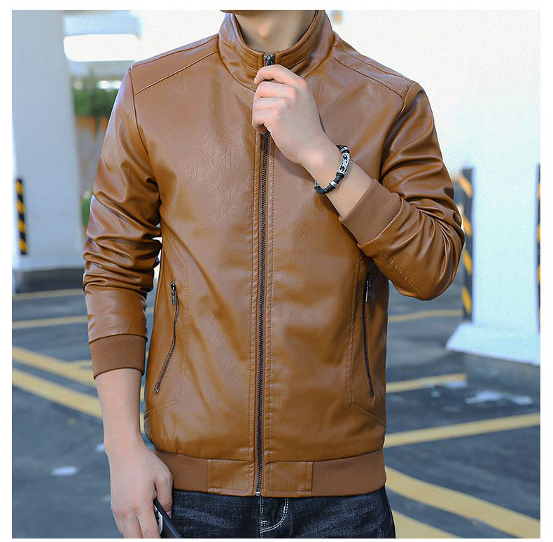 Korean-Inspired Slim-Fit PU Leather Jacket For Men – Stylish Double-Breasted Stand Collar Coat With Spandex Lining (M-8XL, Black/Yellow/Burgundy)_voghion.com