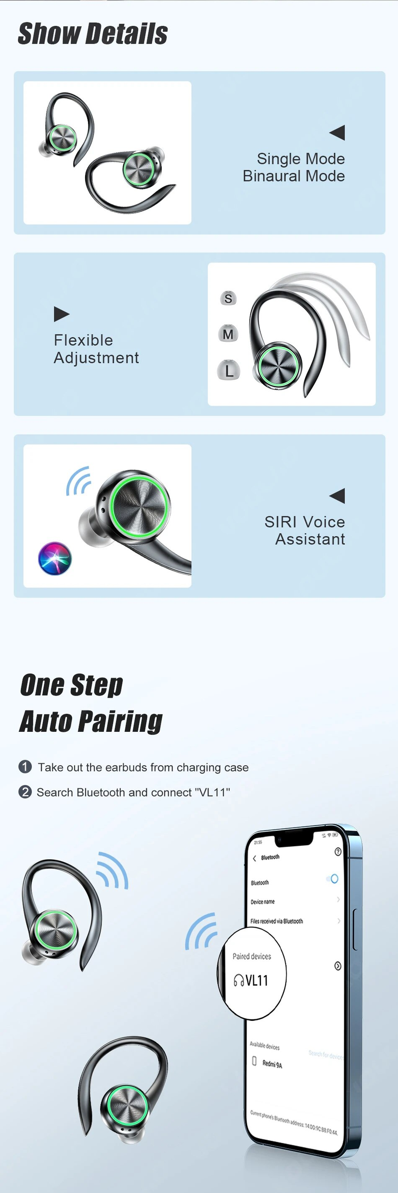 wireless headset, TWS sports Bluetooth headset hi-fi stereo headset noise reduction headset, waterproof  with microphone_voghion.com