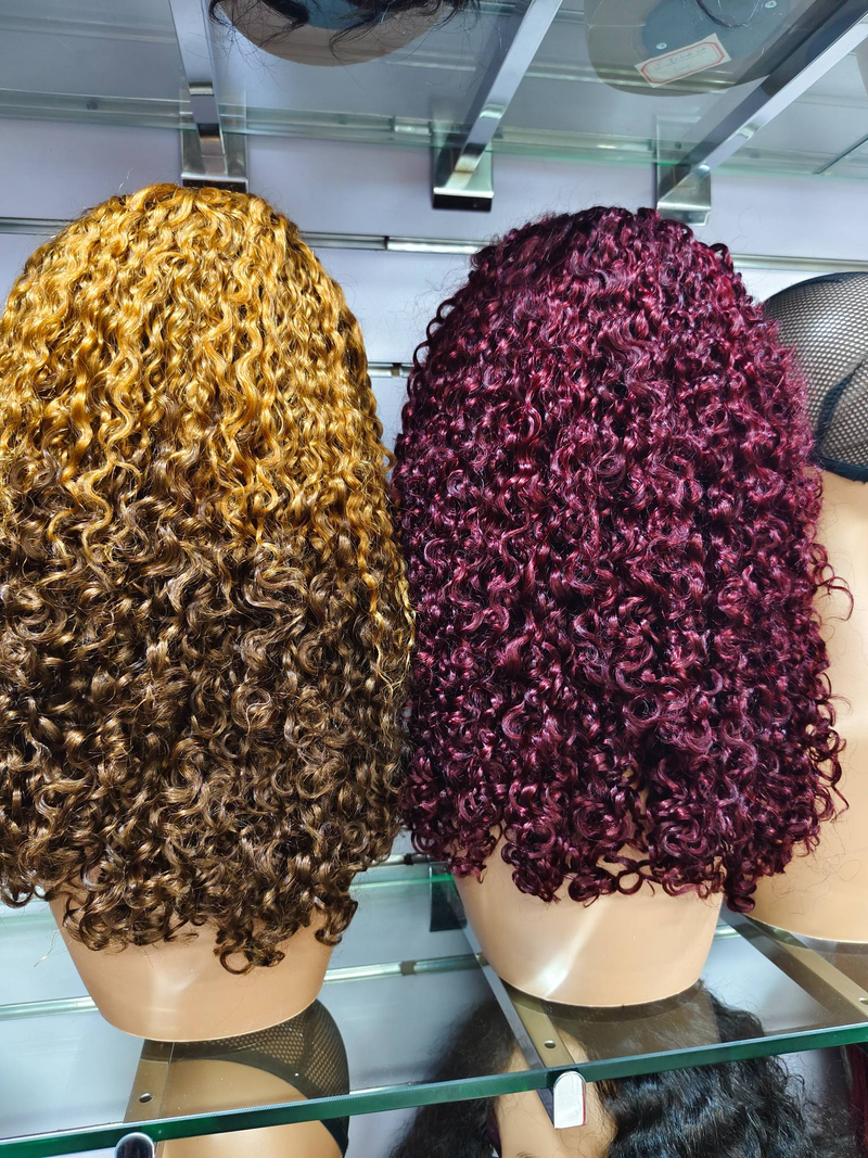 Afro Kinky Krøllete Parykk med Blonde Closure, Brunt, 20 tommer, Krøllete Parykker med Ekte Hår_voghion.com