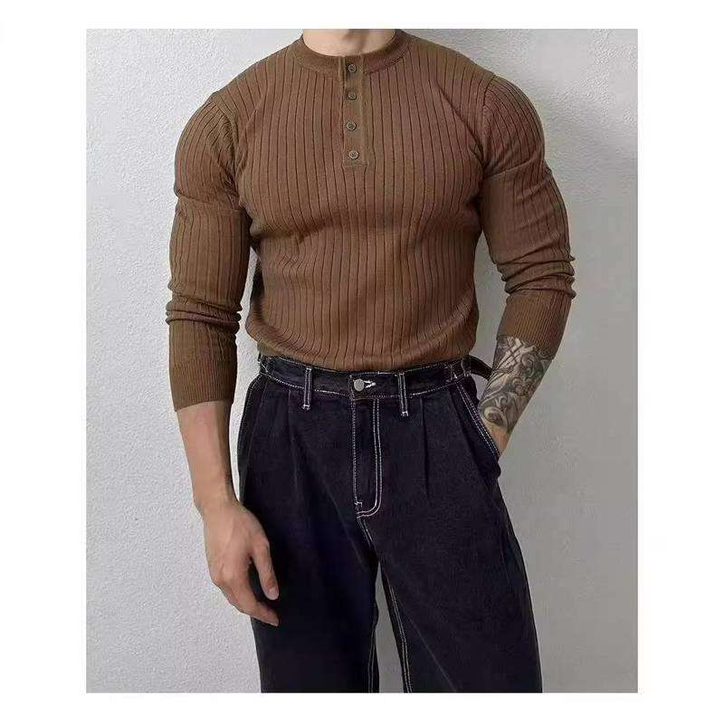 Men's Clothing Knitted Sweater Long Sleeved Polo Shirt Men's Autumn New Trend Simple Muscle Fitness Striped Lapel Top T Shirt_voghion.com