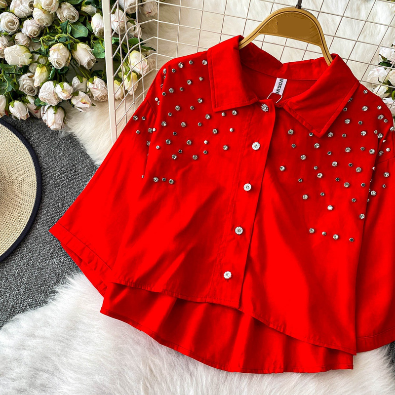 Luxe blouse met versieringen voor dames, statement revers, top met halflange mouwen, 8 levendige kleuren (zwart/groen/rood/meer) voor op kantoor en een avondje uit_voghion.com