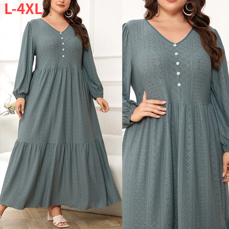 Summer Elegant V-Neck A-Line Dress Flowy Long Sleeve Printed Maxi Dress For Women, Plus Size 0XL-4XL, Soft Polyester Stretch,Office & Casual Wear_voghion.com