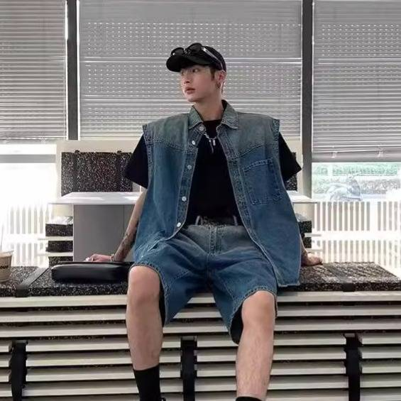 Retro Loose Fit Denim Shorts Men's Casual High Street Summer Shorts With Stretch Comfort_voghion.com