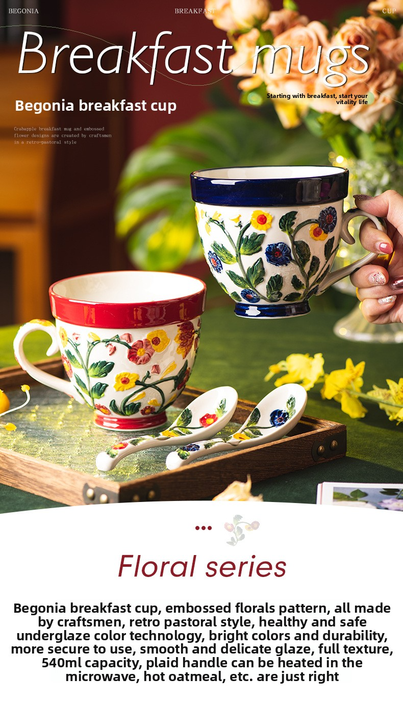 Blue & Red Hydrangea Ceramic Mug Set With Lid – 550ml Large Vintage Floral Coffee Cup Compatible With Snack Dish & Spoon_voghion.com