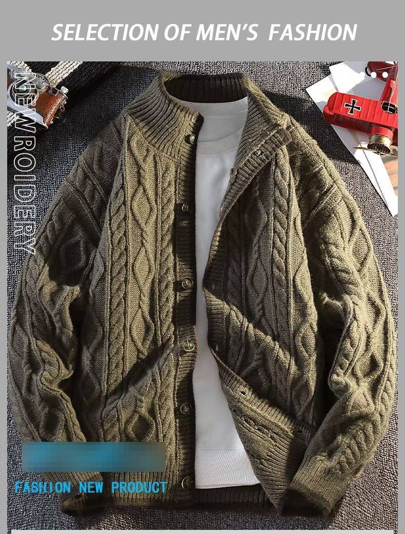 Cardigan da uomo in maglia a trecce con collo alto - Maglione retrò a blocchi di colore per autunno e inverno (blu, caffè, dalla S alla XXXL)_voghion.com