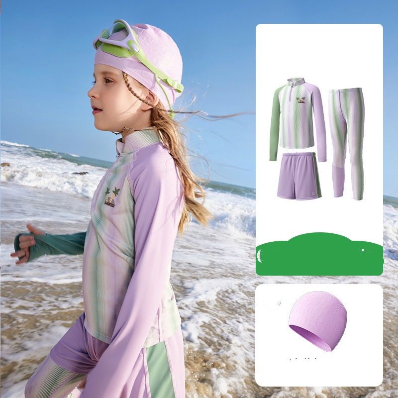 Completo da bagno per bambini con protezione UPF 50+: rash guard a maniche lunghe e costume da bagno per la protezione solare in spiaggia e alle sorgenti termali (blu brillante, verde muschio, viola nebbia)_voghion.com