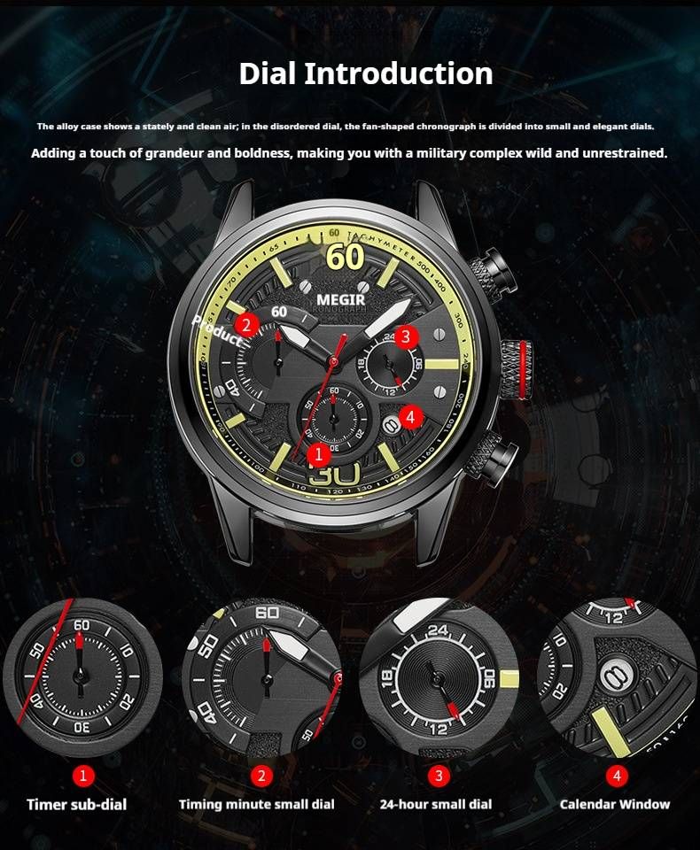 Orologio cronografo da uomo – Cinturino in vera pelle da 53 mm con lancette luminose e data (movimento al quarzo, resistente all'acqua)_voghion.com