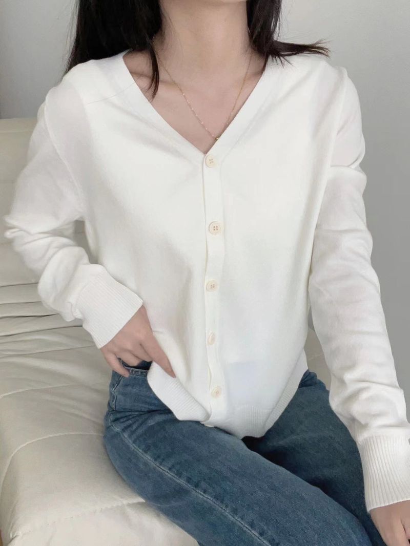 Cardigan tricoté à simple boutonnage et col en V, pull de couleur unie, manteau pour femme, nouvelle collection automne et hiver, style décontracté_voghion.com