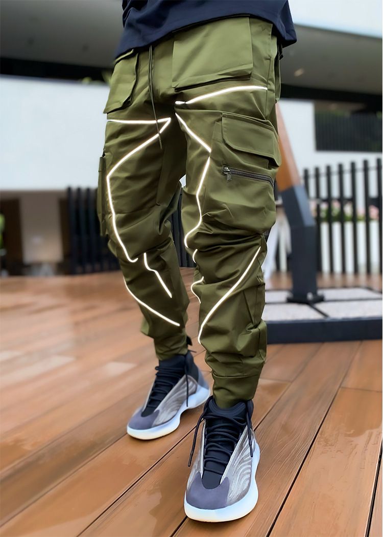 Men's casual Korean version trendy brand plus size straight leg work men's personalized multi pocket reflective sports_voghion.com