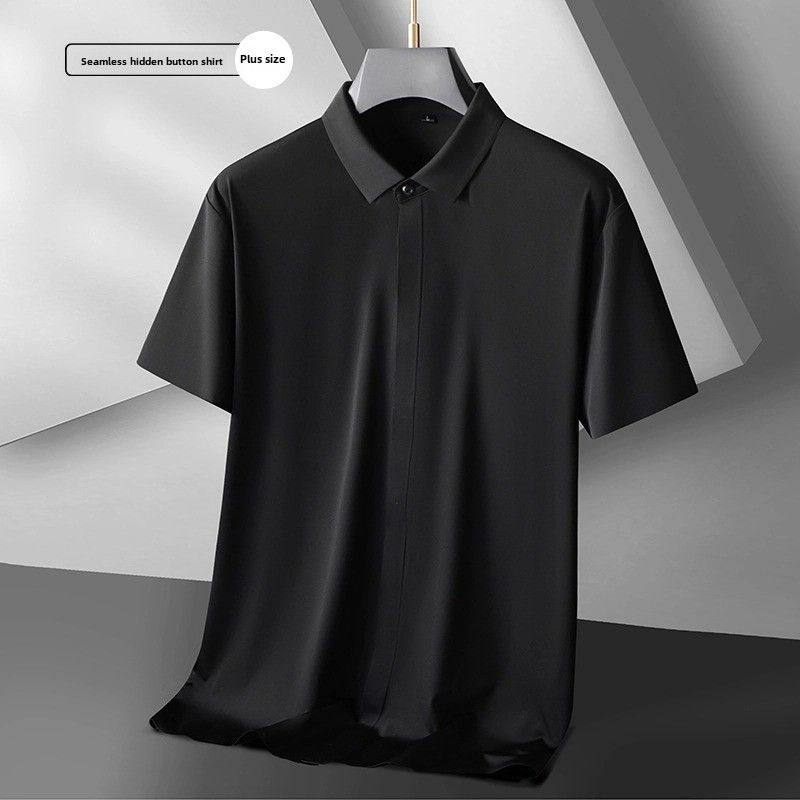 Neues nahtloses offenes Hemd, kurzärmeliges Hemd für Herren, gemästet, Übergröße, einfarbig, dünnes Revershemd aus Eisseide mit Geheimtürschnalle_voghion.com