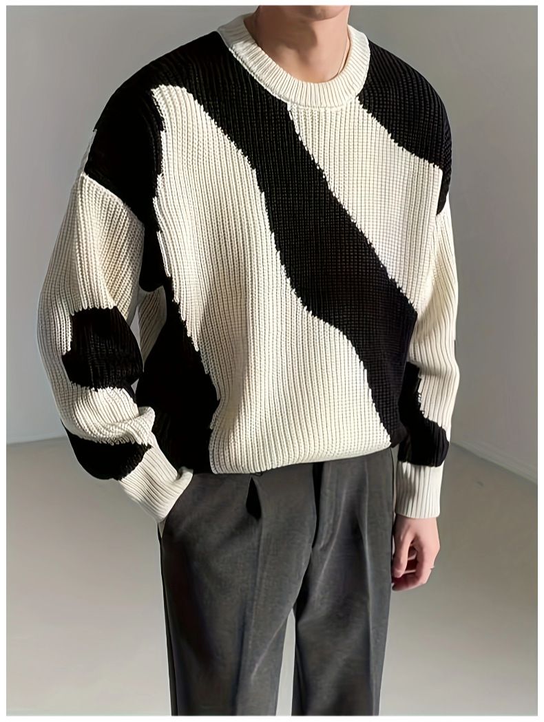 Maglione vintage con stampa di mucca per uomo - Pullover oversize in maglia retrò con design a blocchi di colore, caldo ed elegante top casual per autunno inverno_voghion.com