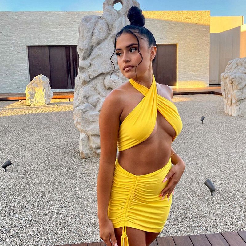 Women's Clothing 2025 Spring Summer New Solid Color Halter Cross V-neck Sleeveless Crop Top Backless Ruched Short Skirt_voghion.com