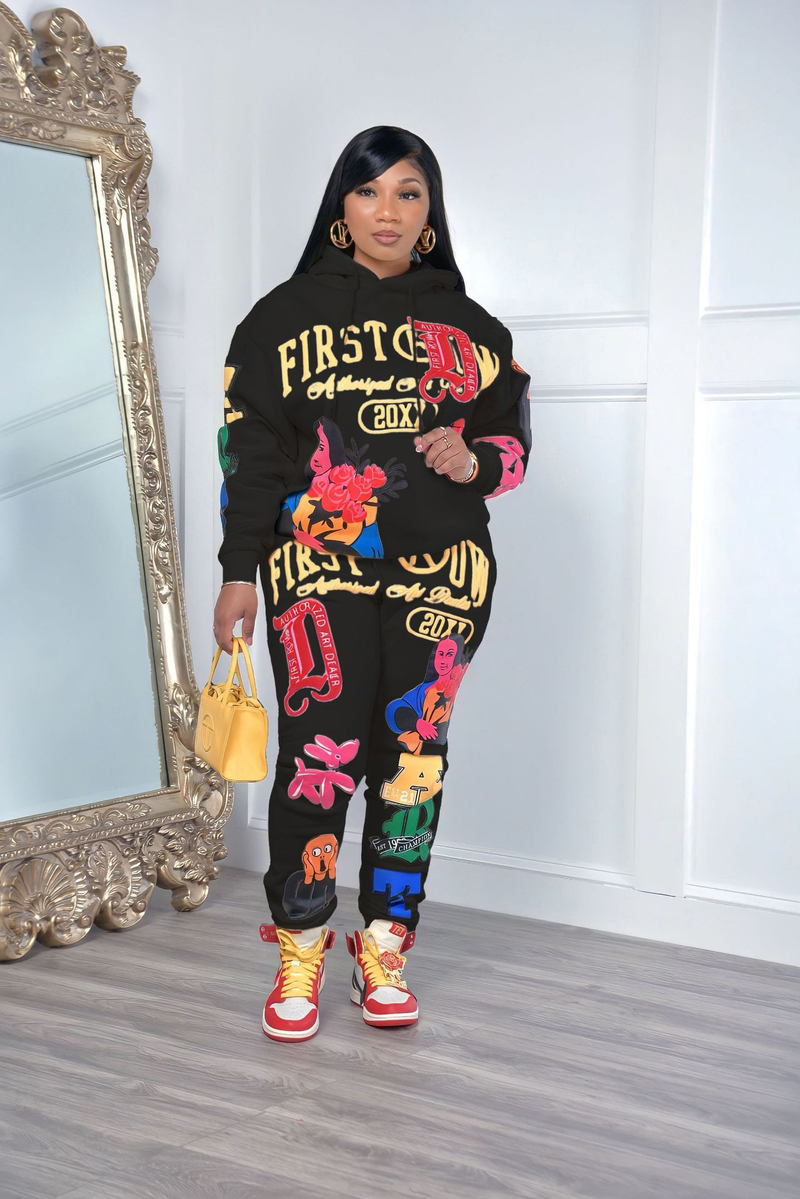 Women's Fashion Casual Printed Autumn And Winter Long-sleeved Sweatshirt Two-piece Set_voghion.com