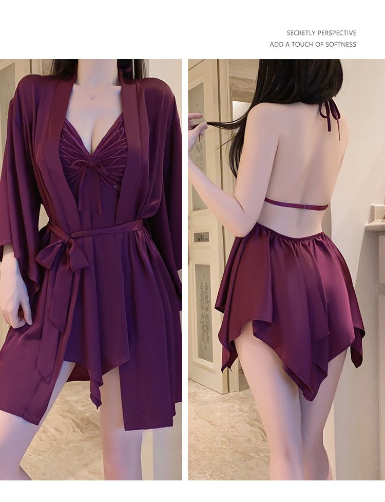 Ice Silk Plus Size Pajama Set, With Chest Cushion For Super Comfort, Bow Tie Nightgown And Outer Robe Showcasing Fashionable Charm_voghion.com