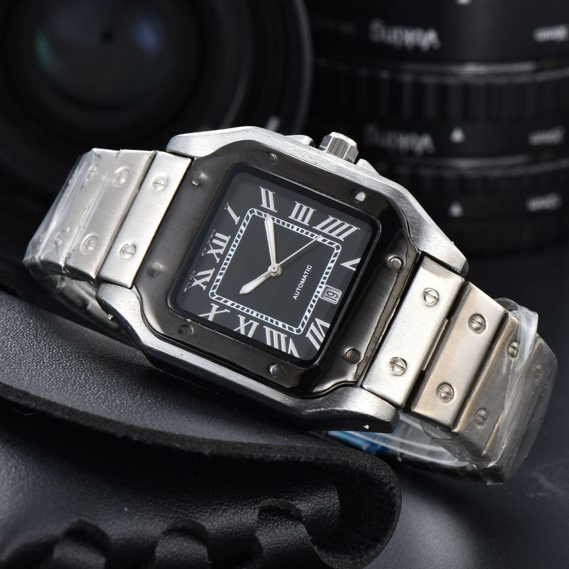 Men's Stainless Steel Square Analog Quartz Watch With Date Display, Business Casual Timepiece, 40.5mm Case, Butterfly Clasp_voghion.com