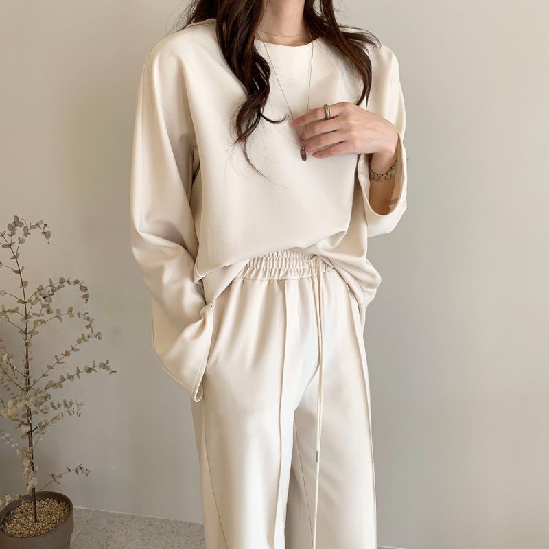 Damenbekleidung Frühfrühling Lazy Loose Sweater Hohe Taille Cover Meat Lässiger Hosenanzug mit weitem Bein für Damen_voghion.com