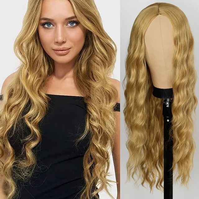 Peluca sintética bigotes de maíz rizo de lana ondas pequeñas pelo rizado diadema de fibra sintética centro dividido conjunto de pelo largo_voghion.com